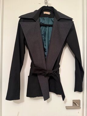 Saffron Black Belted Jacket with Charcoal Lapel